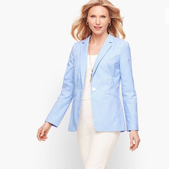 Talbots GINGHAM SINGLE BUTTON BLAZER Light Blue plaid Checkered Blazer Women 22 - Picture 1 of 16